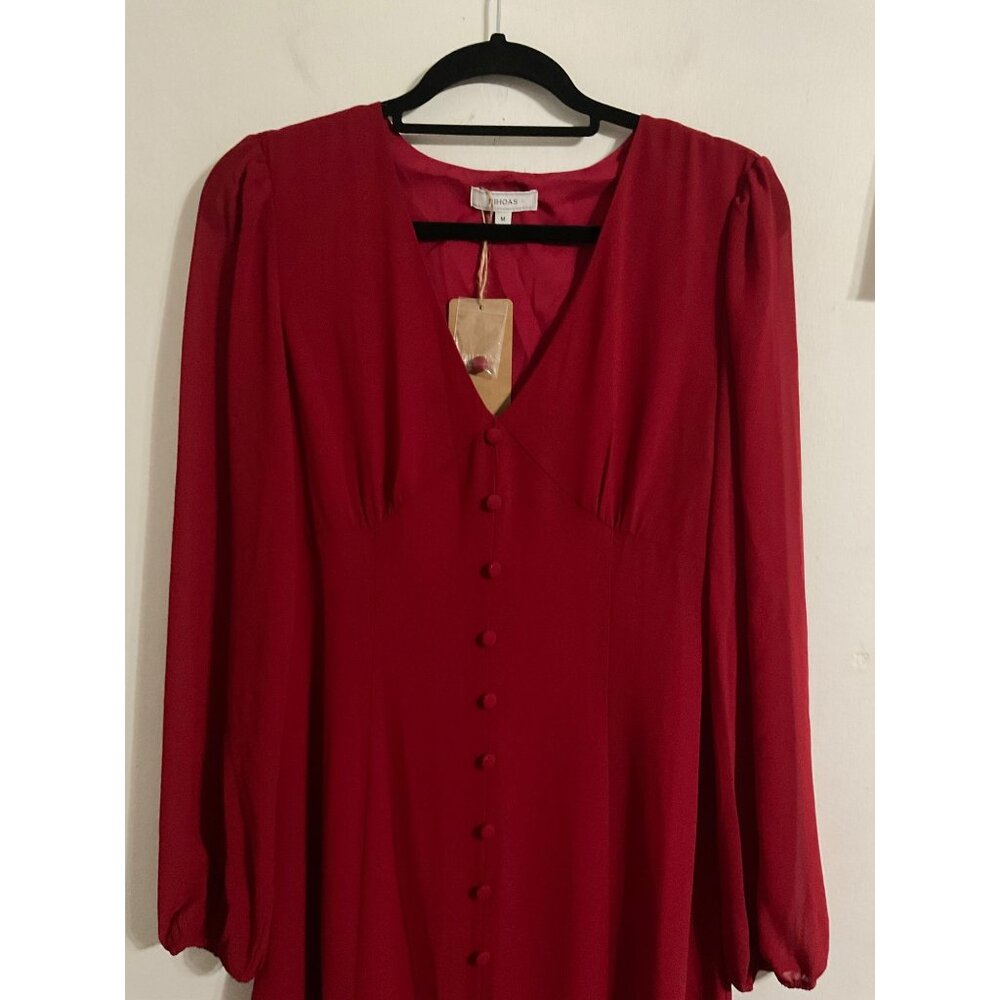 RIHOAS Women's Red V-Neck Puff Sleeve Slit Midi Dress NEW size Medium - Picture 7 of 14